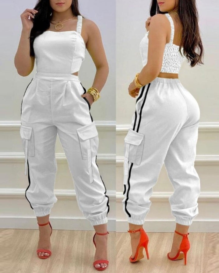 Women's Casual Cargo Jumpsuit with Contrast Panels and Pockets