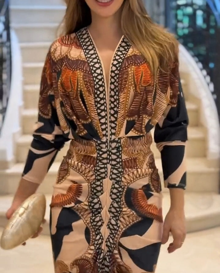 Premièrement : La  Robe moulante vintage baroque à manches longues et décolleté en V plongeant Femme.