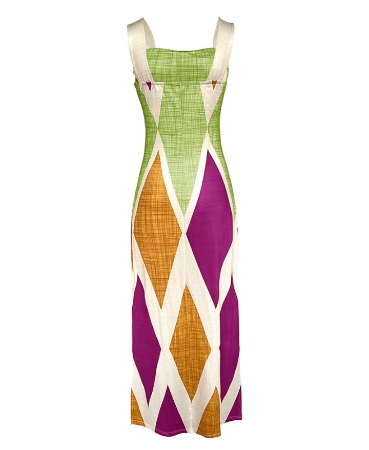 Premièrement : Cette Robe longue décontractée à.bretelles épaisses et imprimé géométrique, coupe ajustée, et fendue , avec poches Femme.