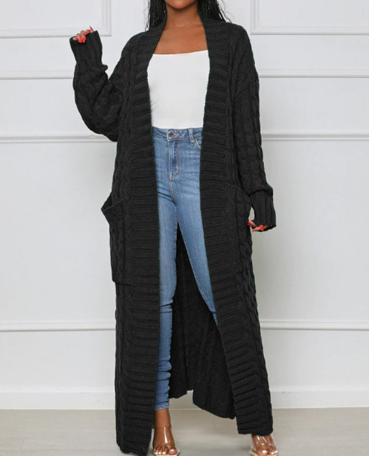 Long cable knit cardigan with pocket