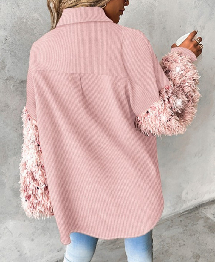 Premièrement : Apportez une touche d’éclat à votre look avec cette Veste décontractée à paillettes et patchwork à manches longues avec bouton sur le devant et ourlet brut femme 