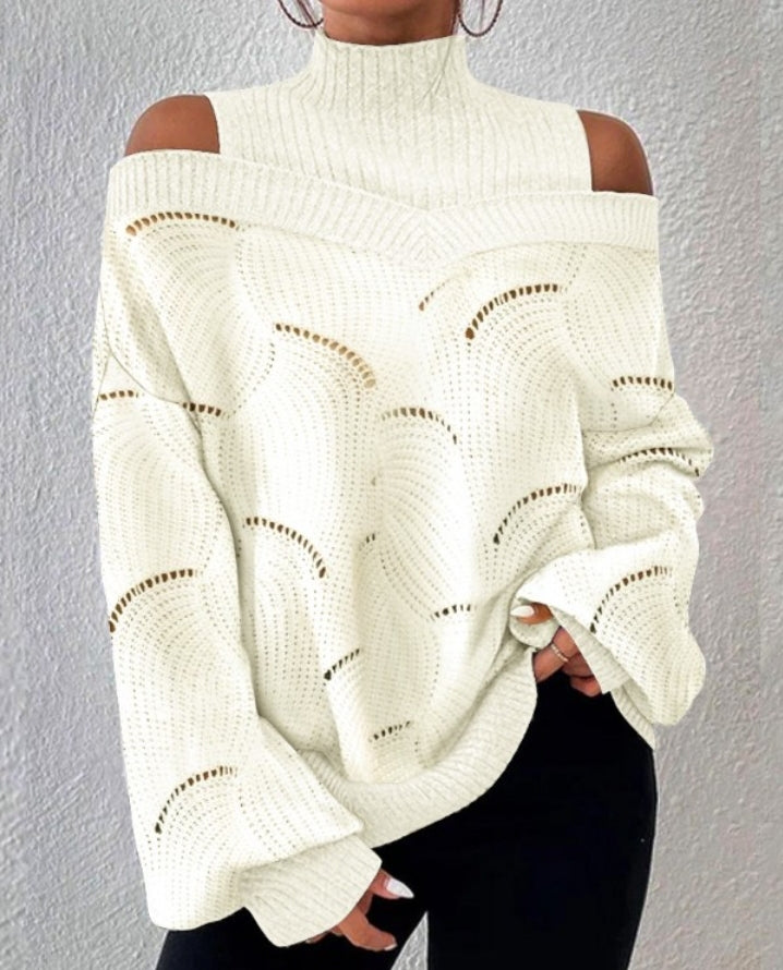 Openwork knit sweater with lantern sleeves and off-the-shoulder