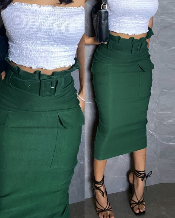 Premièrement : Cette Jupe cargo taille mi - mollet avec ceinture et ourlet à volants design décontracté avec poches Femme 