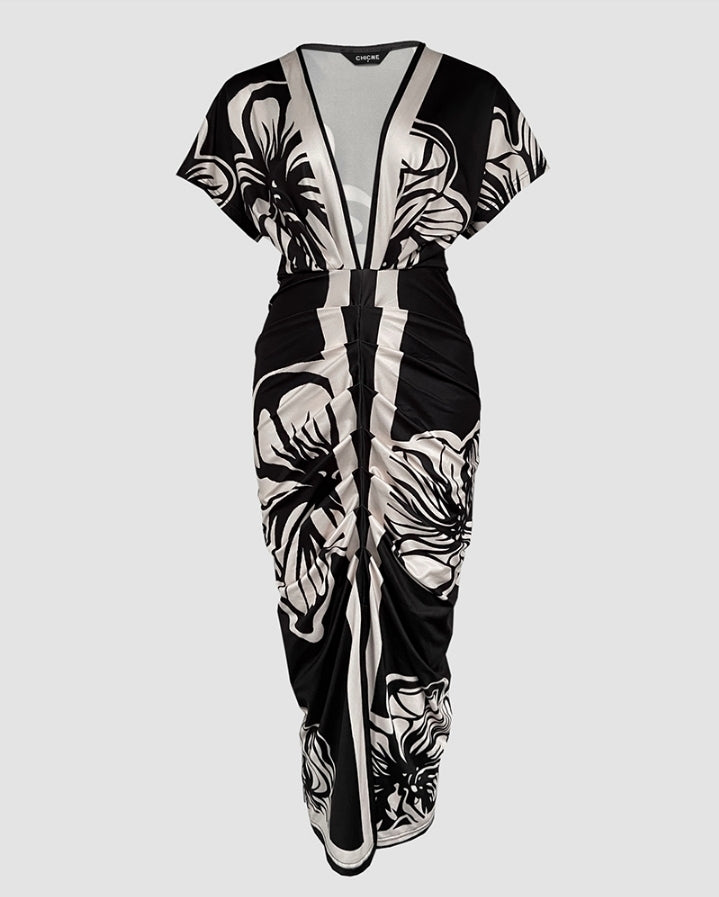 Premièrement : La  Robe moulante vintage baroque à manches longues et décolleté en V plongeant Femme.