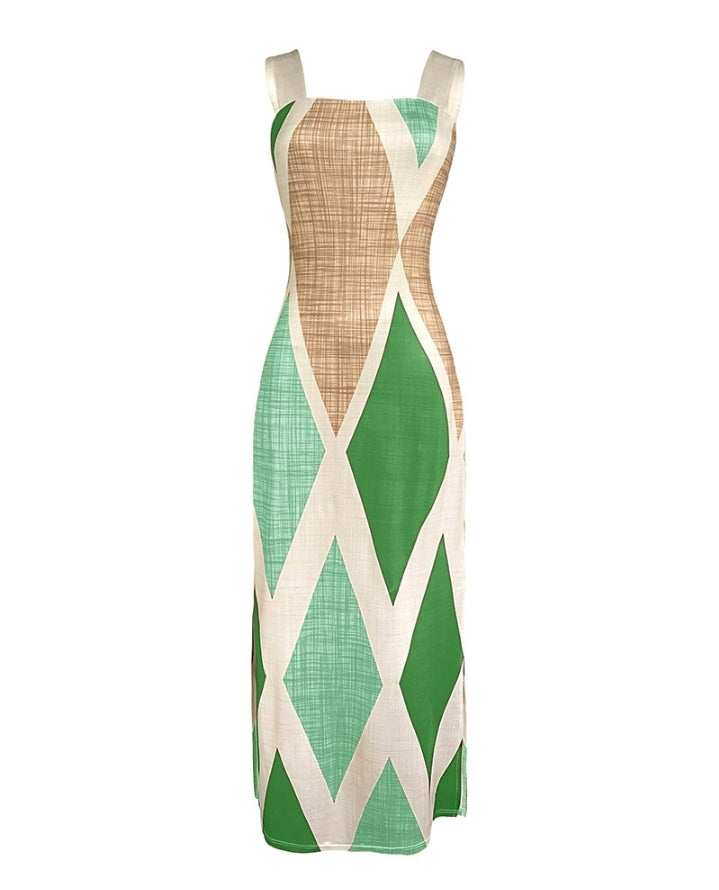 Premièrement : Cette Robe longue décontractée à.bretelles épaisses et imprimé géométrique, coupe ajustée, et fendue , avec poches Femme.