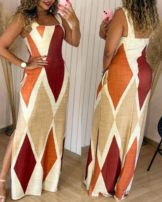 Premièrement : Cette Robe longue décontractée à.bretelles épaisses et imprimé géométrique, coupe ajustée, et fendue , avec poches Femme.
