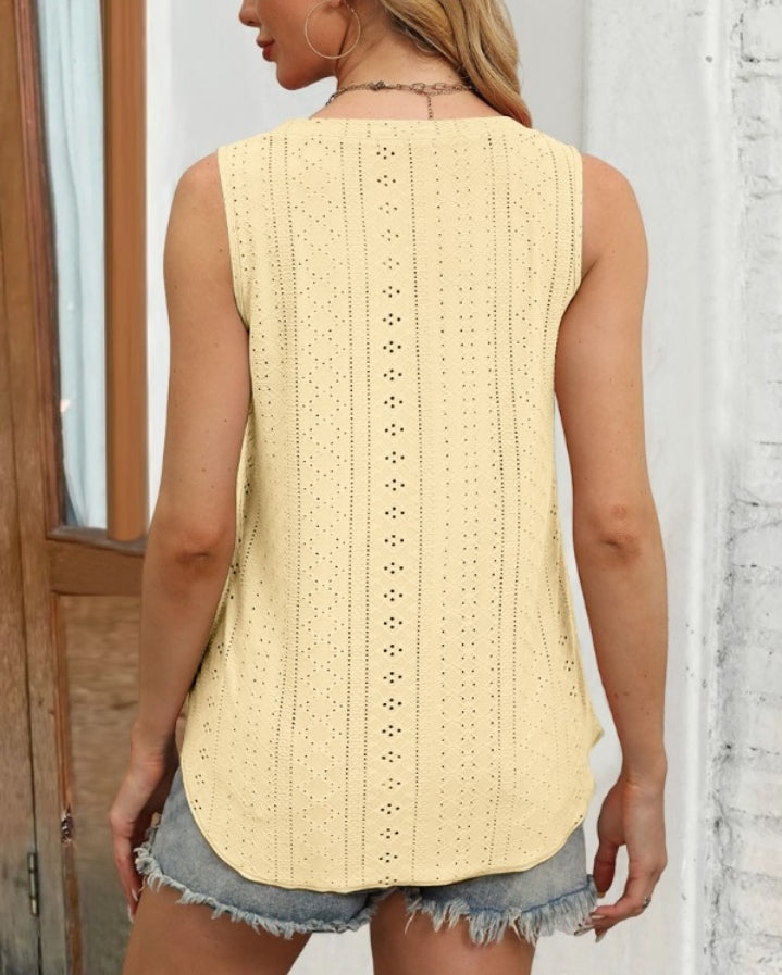 Premièrement : Ce Haut décontracté en tricot ajouré sans manches à col en V et bretelles épaisses Femme