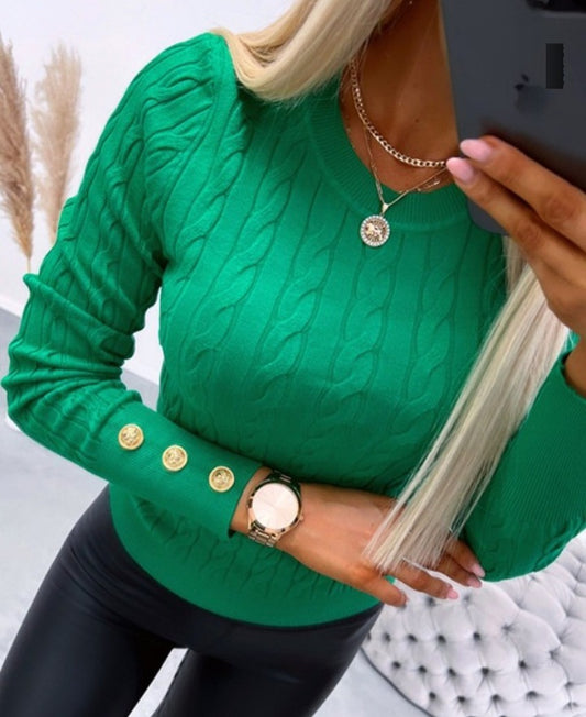 Long-sleeved, round-neck button-down braided knit sweater