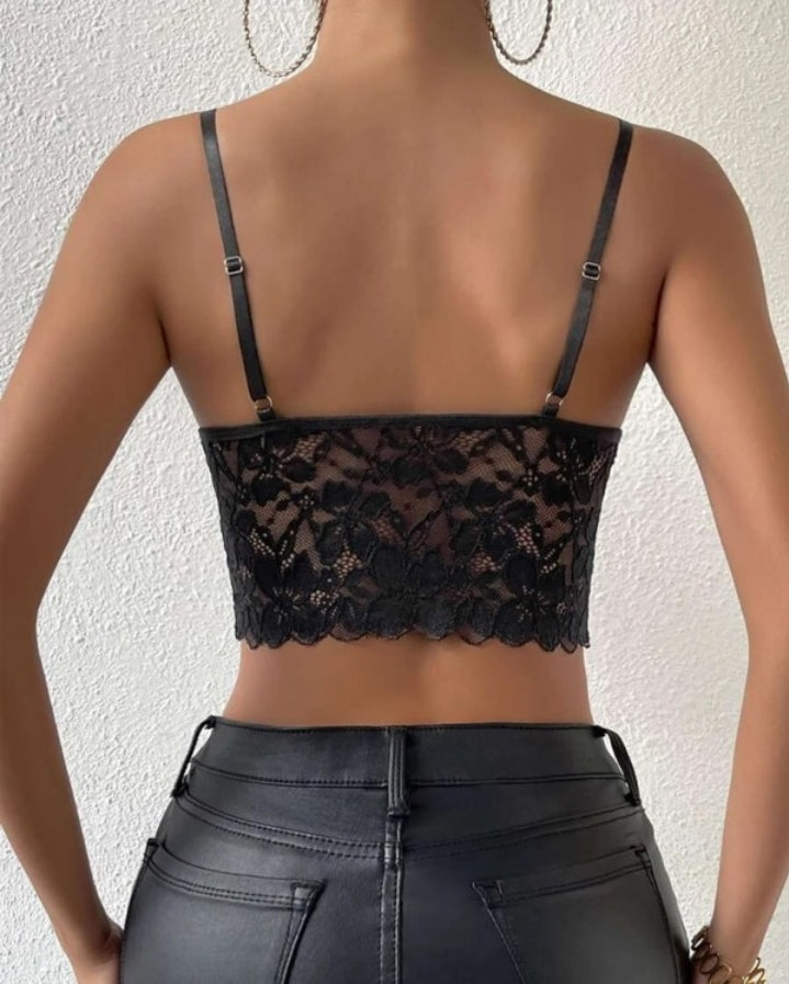 Premièrement : Ce Haut court en dentelle à col en Vet bretelles spaghetti à deux couches Femme.