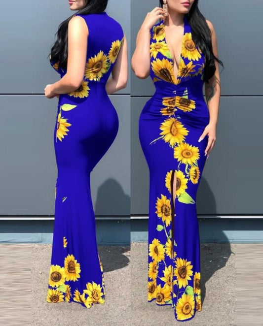Premièrement : Cette Robe de soirée à fente haute et imprimé tournesol Femme.