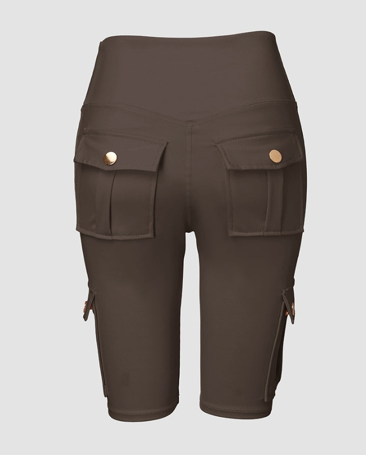 Premièrement : Ce Short de sport pour le contrôle du ventre et le levage des fesses, taille haute , avec poche à rabat , pour entraînement , bermuda cargo , pour la course à pied femme.
