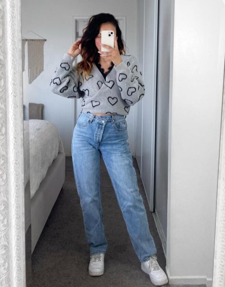 Long-sleeved knit wrap sweater with contrasting lace
