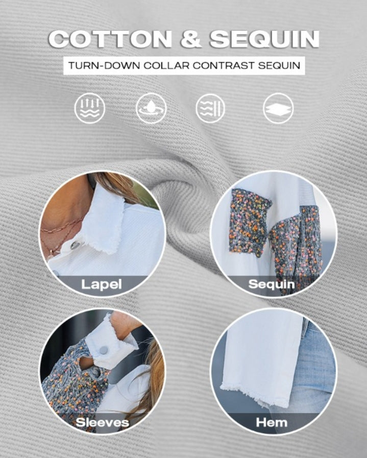 Premièrement : Apportez une touche d’éclat à votre look avec cette Veste décontractée à paillettes et patchwork à manches longues avec bouton sur le devant et ourlet brut femme 