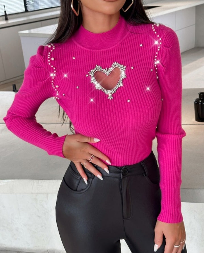 Hollow Heart and Rhinestone Knit Sweater