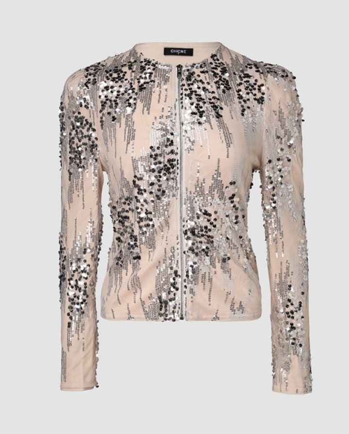 Premièrement : Faites sensation avec ce Manteau à sequins zippé à manches longues et col rond femme.