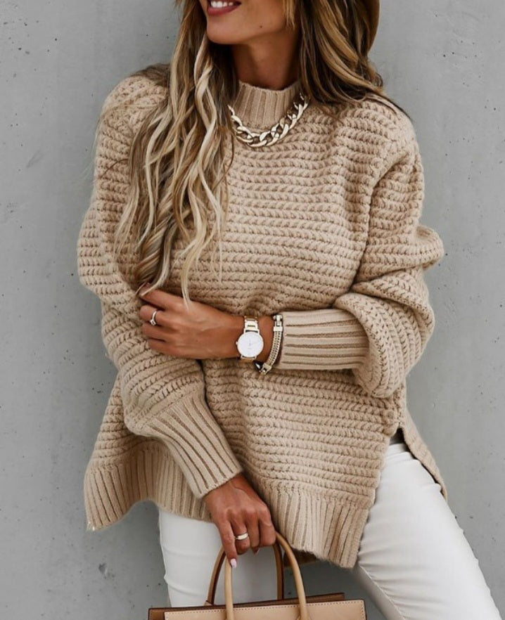 Long Sleeve Split Hem Mock Neck Sweater