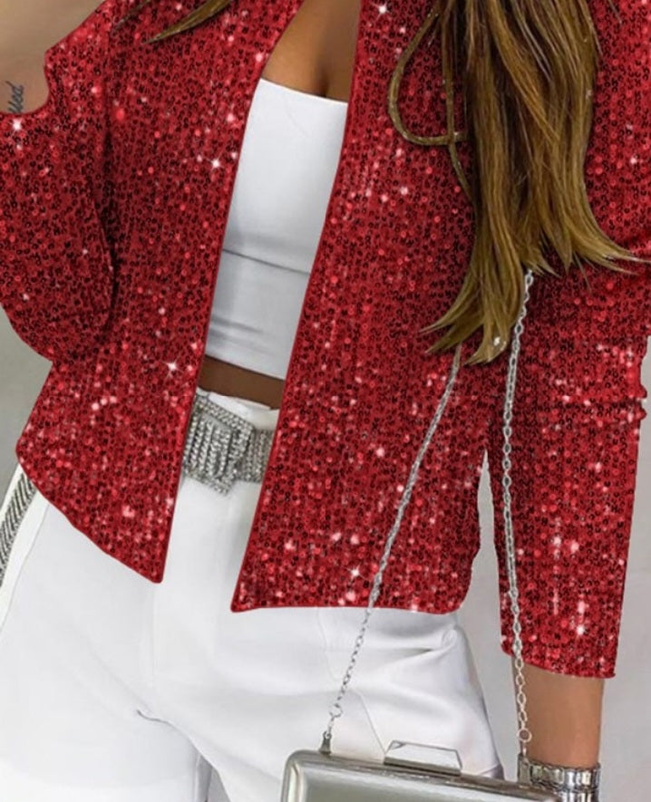 Premièrement : Brillez avec ce Manteau blazer à paillettes scintillantes, ouvert sur le devant , manches bouffantes femme.