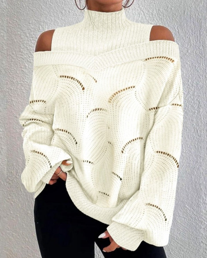 Openwork knit sweater with lantern sleeves and off-the-shoulder