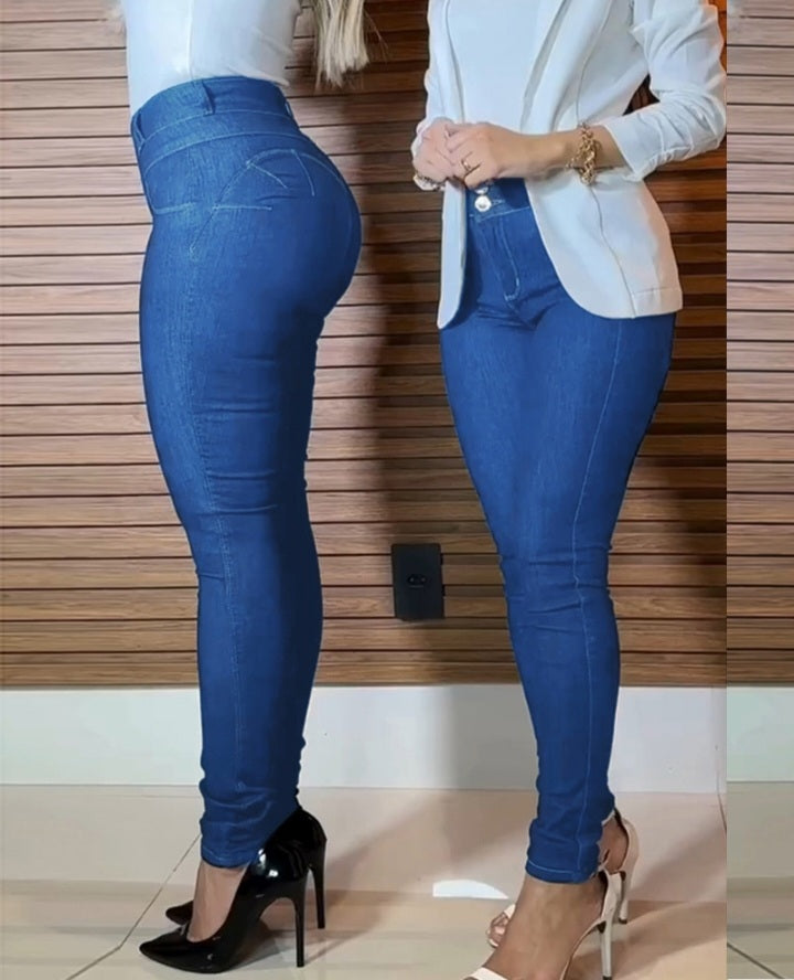 Premièrement : Mettez vos courbes en valeur avec élégance grâce à ce Jean skinny taille haute boutonné sur le devant avec effet rehausseur de fesses , pantalon décontracté femme.