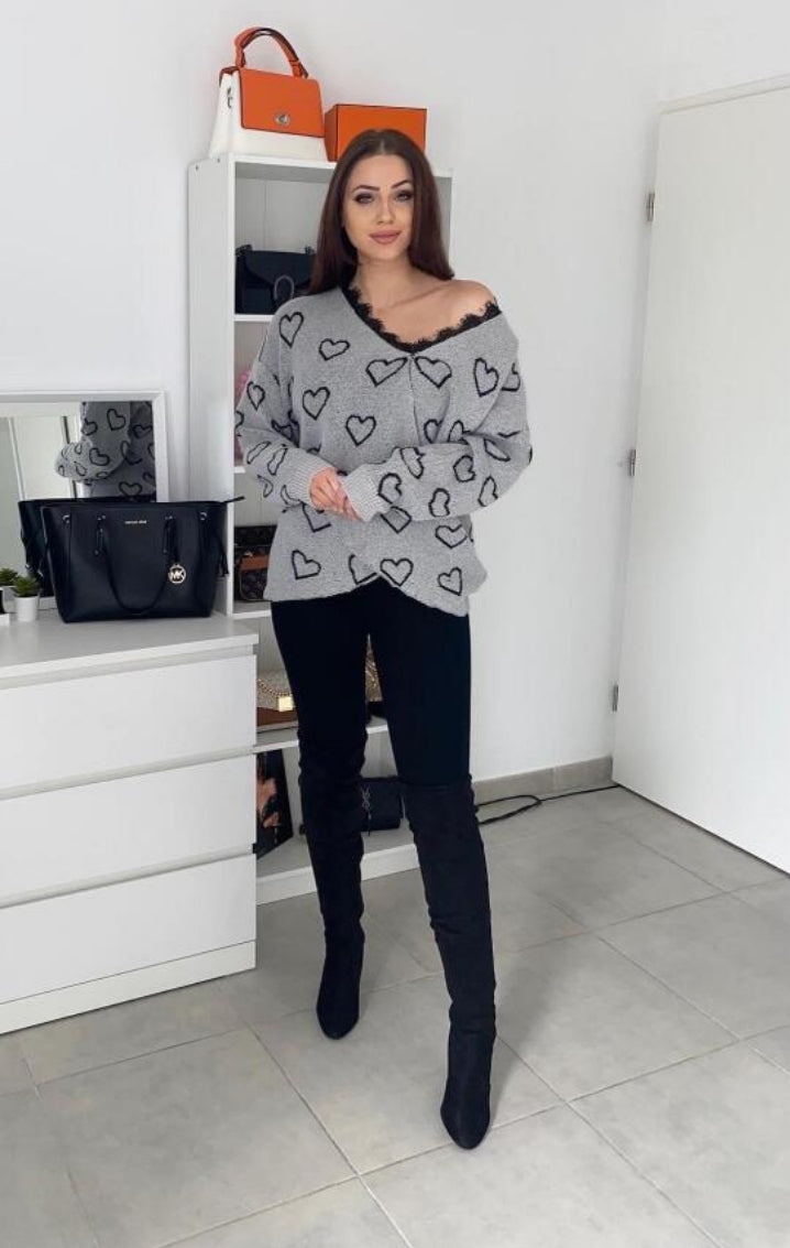 Long-sleeved knit wrap sweater with contrasting lace