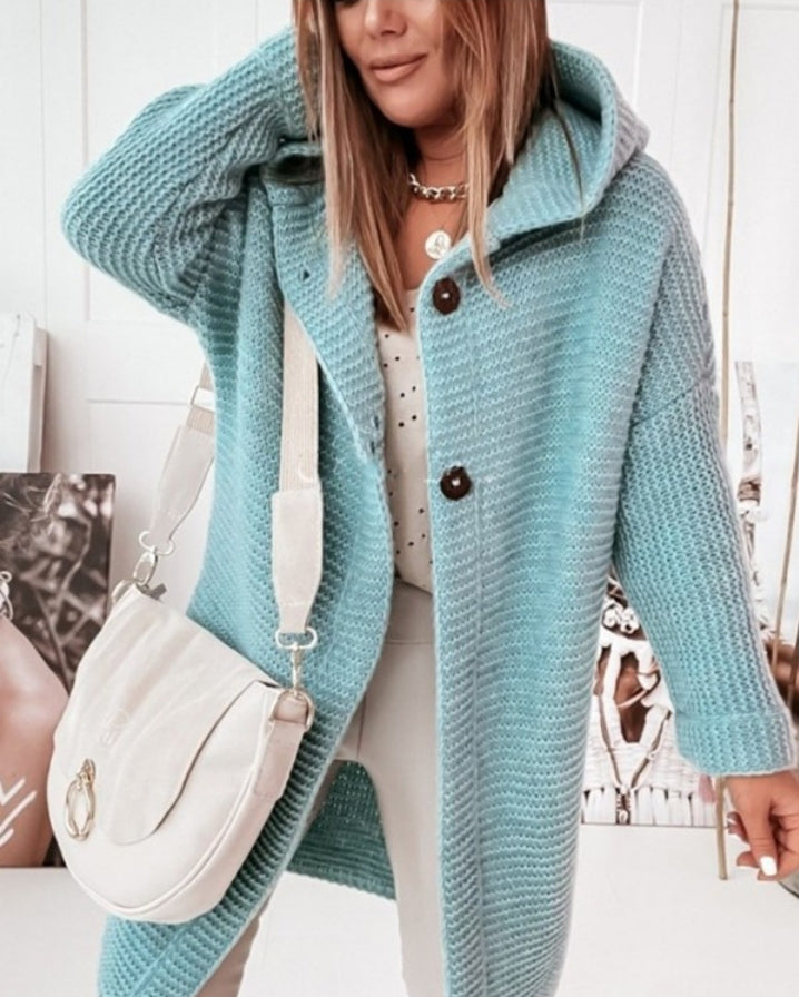 Long Sleeve Button Front Knit Hooded Cardigan