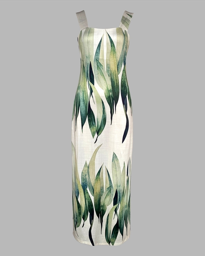 Premièrement : Cette robe longue décontractée à bretelles épaisses et imprimé végétal, coupe ajustée et fendue avec poches Femme.