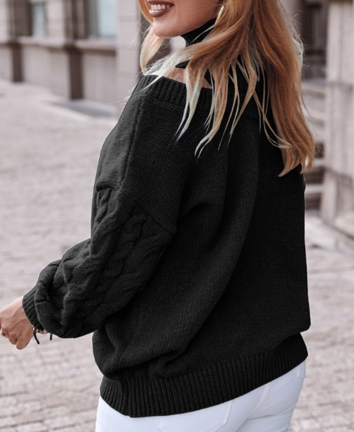 Cable Knit Off-the-Shoulder Lantern Sleeve Sweater
