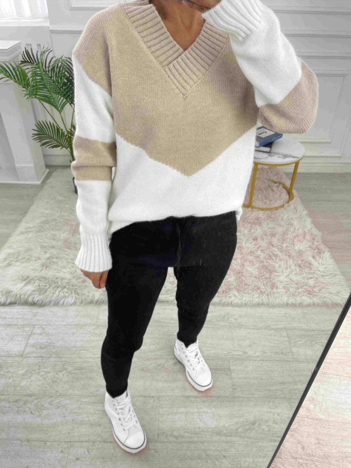Pull en tricot à manches longues et col en V colorblock