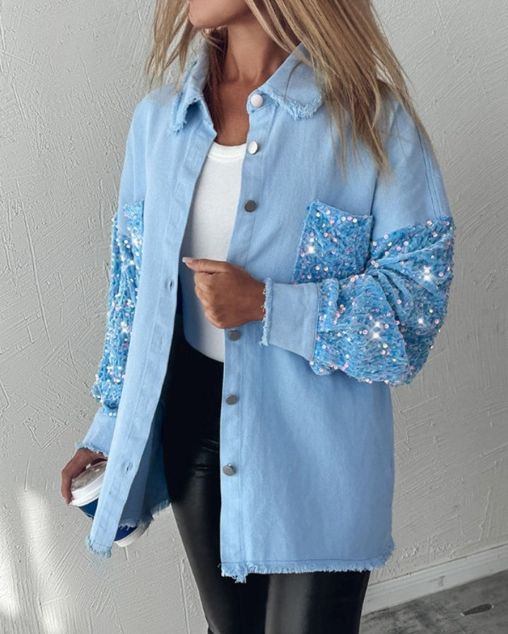 Premièrement : Apportez une touche d’éclat à votre look avec cette Veste décontractée à paillettes et patchwork à manches longues avec bouton sur le devant et ourlet brut femme 