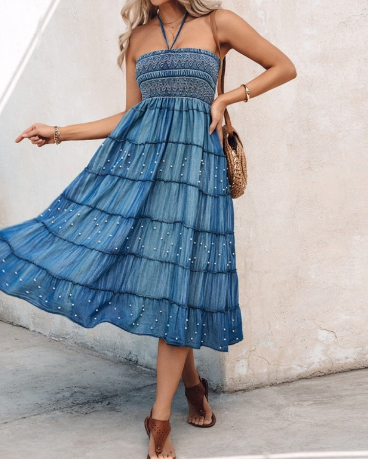 Premièrement : Cette Jupe midi en jean taille haute polyvalente à deux voies avec omements en perles robe longue à épaules dénudées Femme.