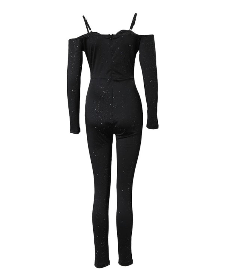 Premièrement : La Combinaison corset en dentelle contrastée à épaules dénudées scintillantes Femme.