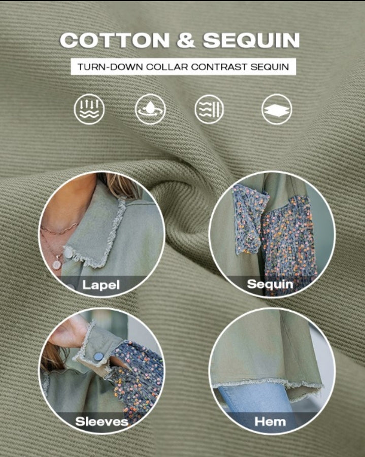 Premièrement : Apportez une touche d’éclat à votre look avec cette Veste décontractée à paillettes et patchwork à manches longues avec bouton sur le devant et ourlet brut femme 