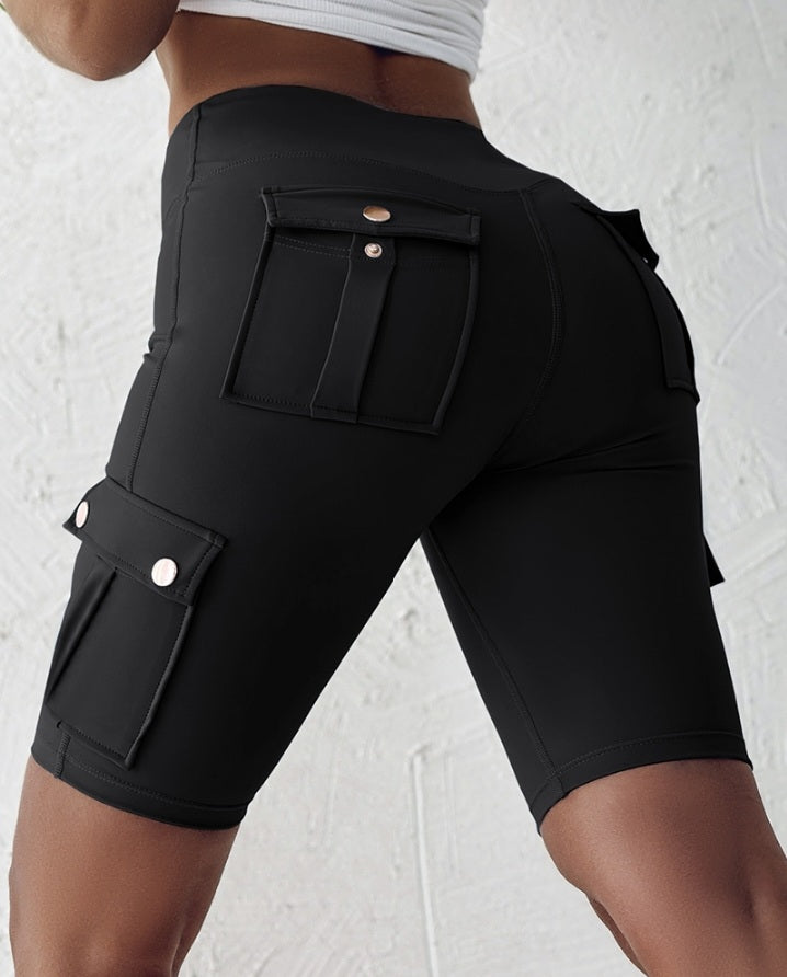 Premièrement : Ce Short de sport pour le contrôle du ventre et le levage des fesses, taille haute , avec poche à rabat , pour entraînement , bermuda cargo , pour la course à pied femme.