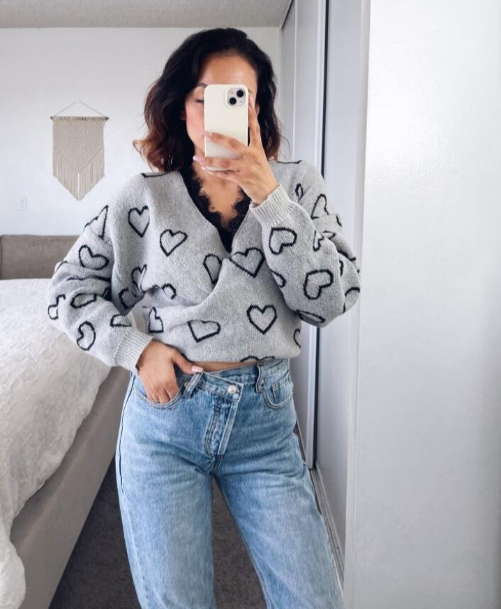 Long-sleeved knit wrap sweater with contrasting lace