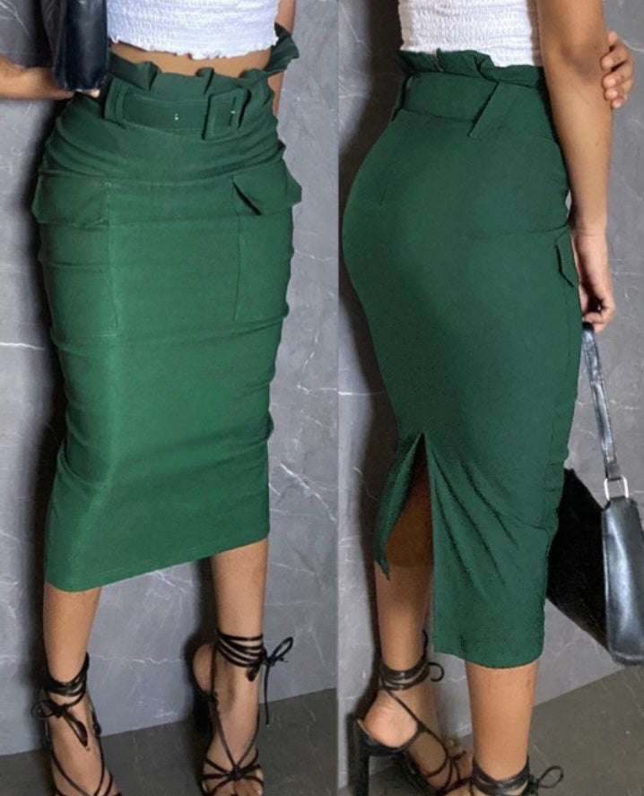 Premièrement : Cette Jupe cargo taille mi - mollet avec ceinture et ourlet à volants design décontracté avec poches Femme 