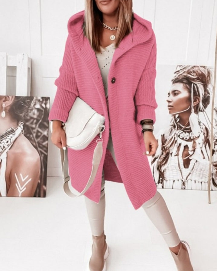 Long Sleeve Button Front Knit Hooded Cardigan