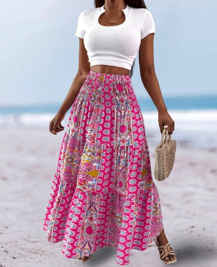 Premièrement : Cette Jupe longues plissées bohème d'été Jupes maxi fluides taille haute en ligne A Femme.