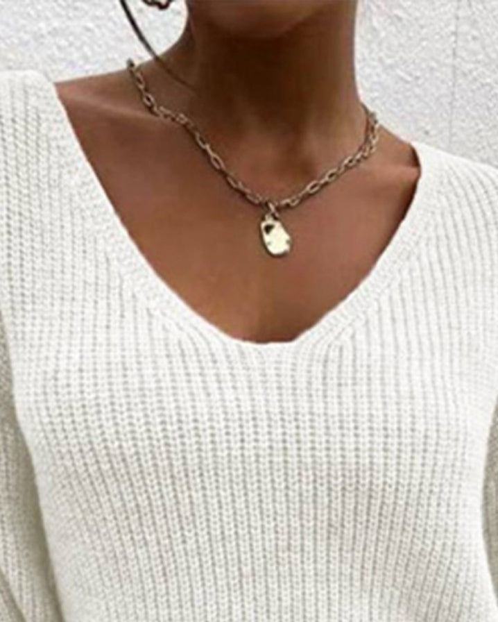Contrast lace V-neck crossover knit sweater