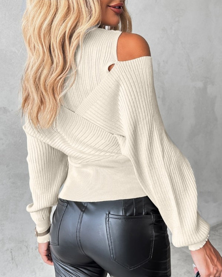 Off-the-shoulder openwork knit sweater with overlap