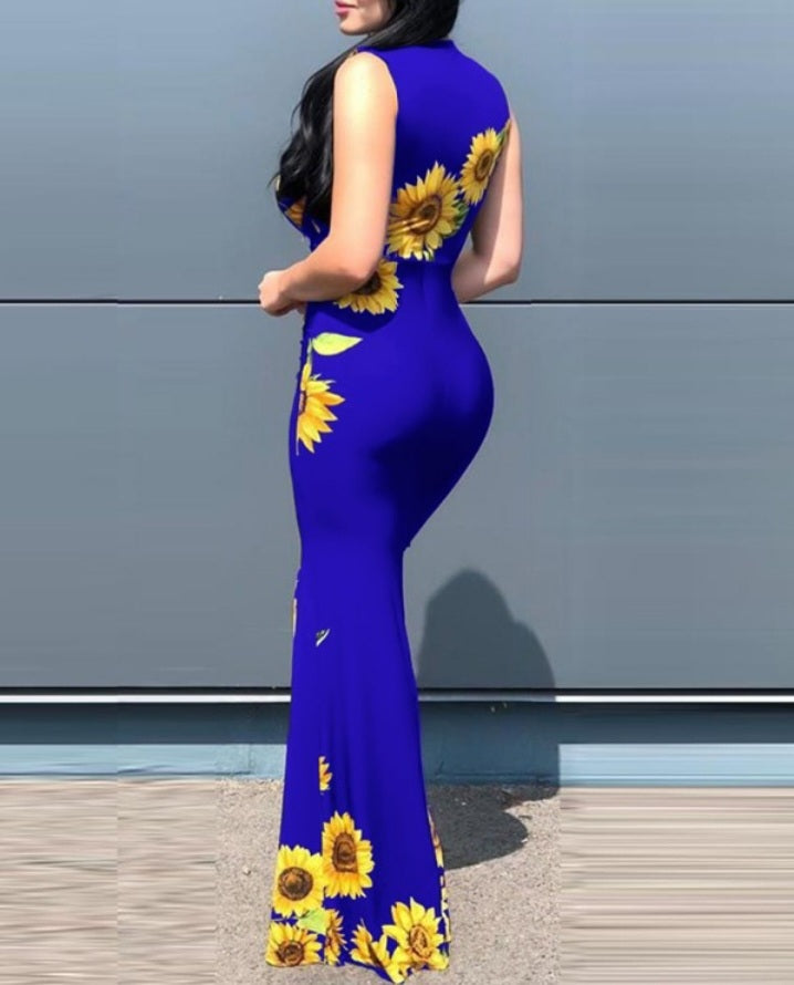 Premièrement : Cette Robe de soirée à fente haute et imprimé tournesol Femme.