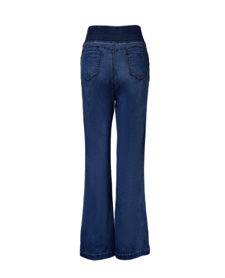 Premièrement : Ce jean taille haute à fronces et boutons sur le devant avec ceinture curveease jegging skinny évasé en demin femme.