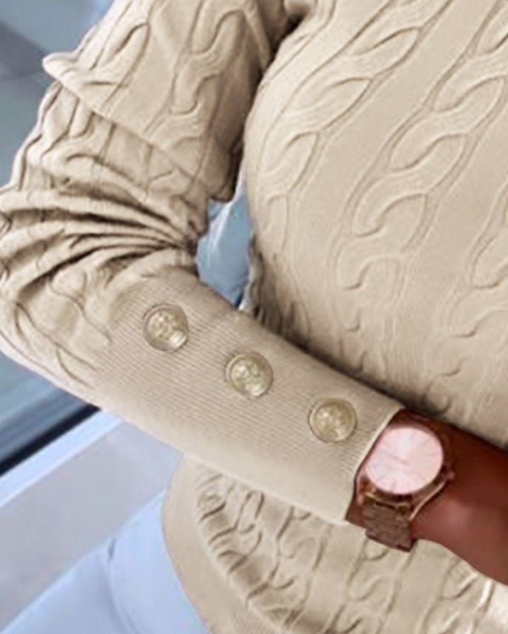 Long-sleeved, round-neck button-down braided knit sweater