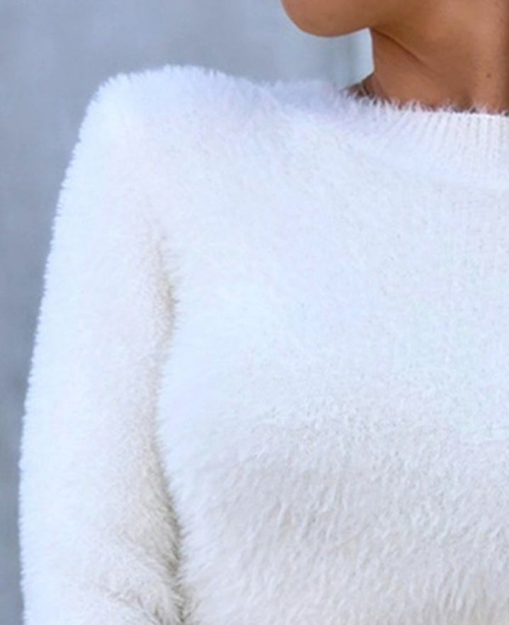 Long-sleeved, high-neck, plush knit sweater