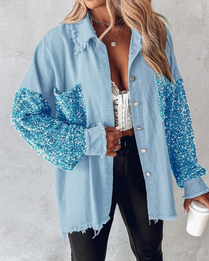 Premièrement : Apportez une touche d’éclat à votre look avec cette Veste décontractée à paillettes et patchwork à manches longues avec bouton sur le devant et ourlet brut femme 