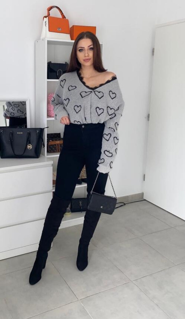 Long-sleeved knit wrap sweater with contrasting lace