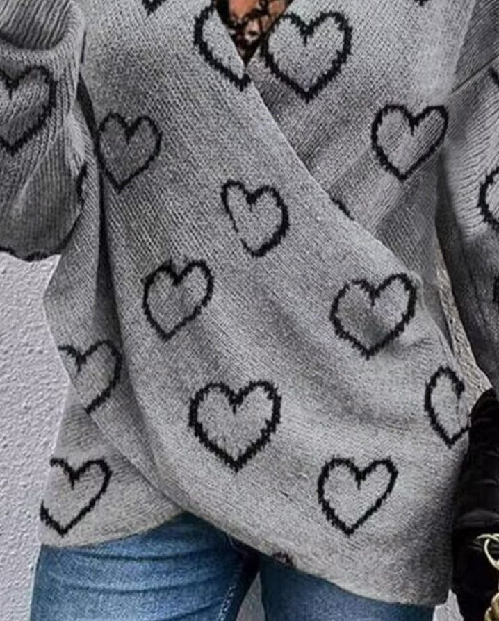 Long-sleeved knit wrap sweater with contrasting lace