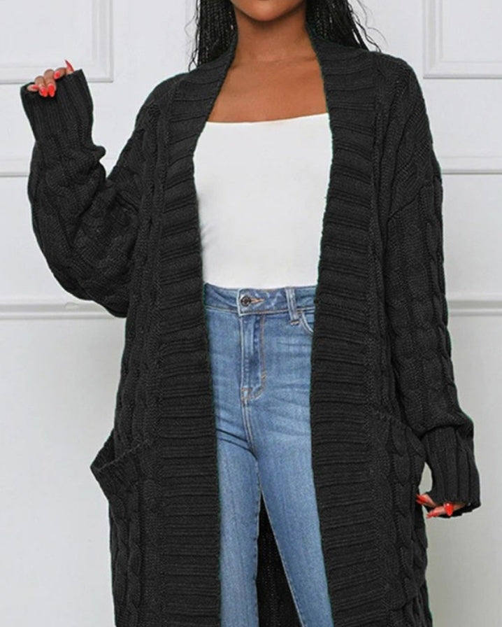 Long cable knit cardigan with pocket