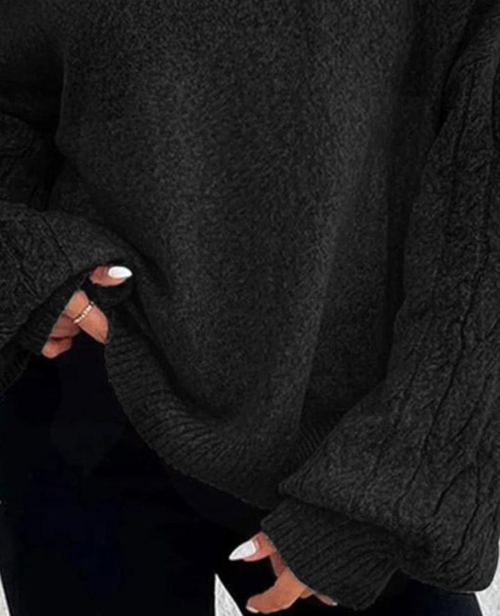 Cable Knit Off-the-Shoulder Lantern Sleeve Sweater