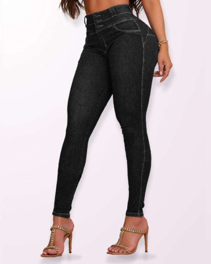 Premièrement : Mettez vos courbes en valeur avec élégance grâce à ce Jean skinny taille haute boutonné sur le devant avec effet rehausseur de fesses , pantalon décontracté femme.