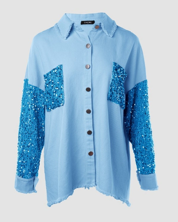 Premièrement : Apportez une touche d’éclat à votre look avec cette Veste décontractée à paillettes et patchwork à manches longues avec bouton sur le devant et ourlet brut femme 